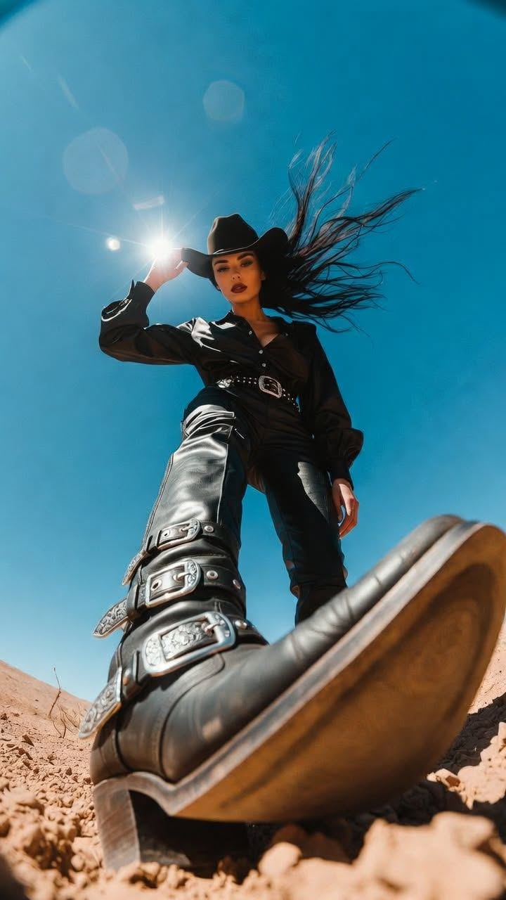 Woman in a cowboy hat and leather outfit in a desert landscape