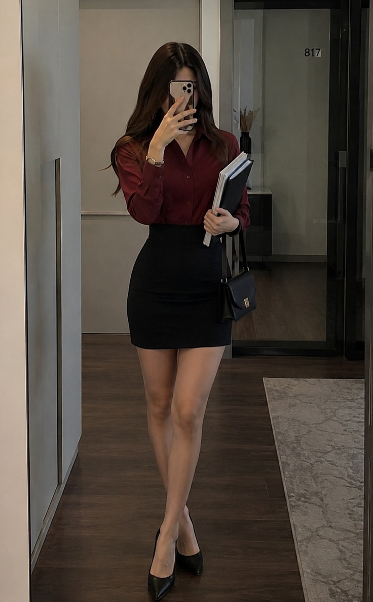 Woman in a red shirt and black skirt taking a mirror selfie indoors