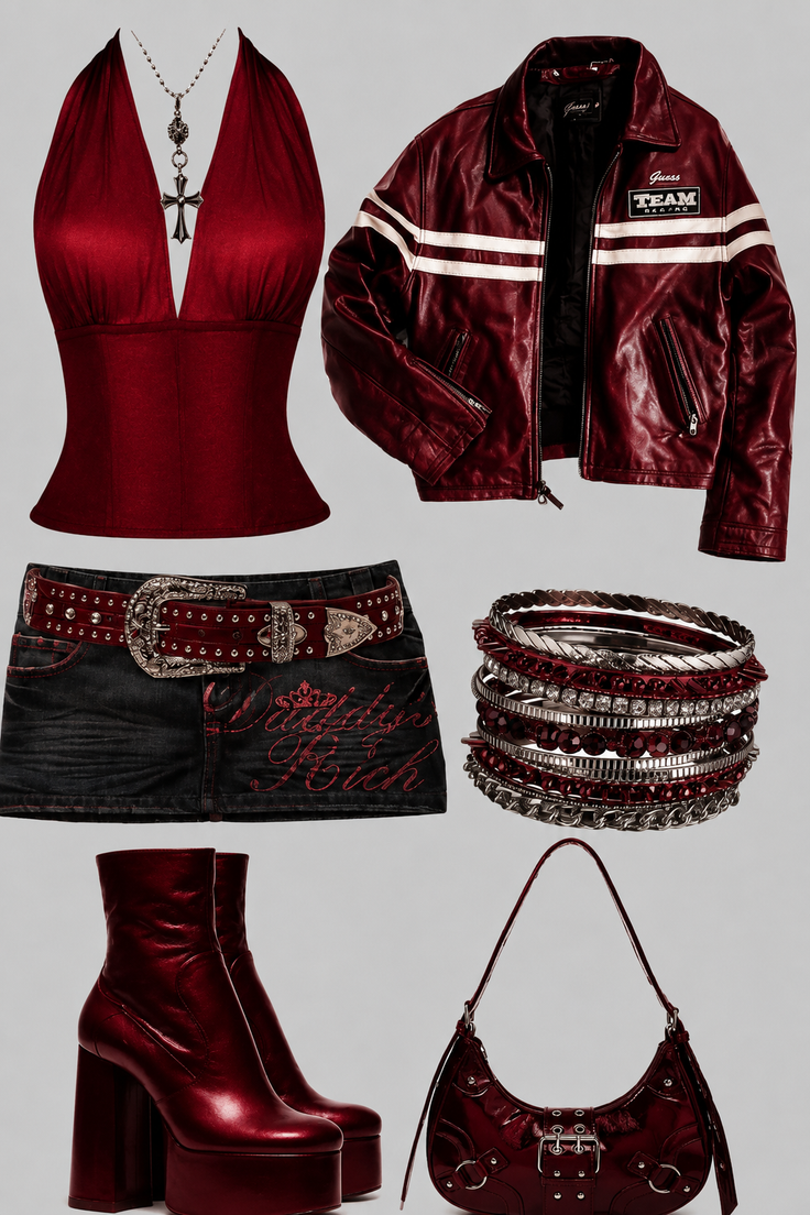 Collection of red and black clothing and accessories on a grey background