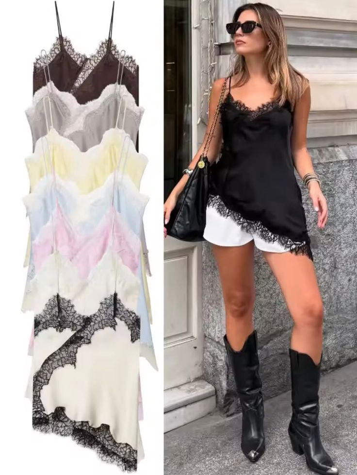Woman in a black slip dress and cowboy boots standing outdoors