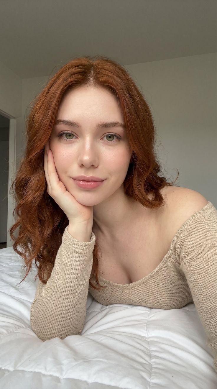 Woman with red hair and green eyes in an off-shoulder top, resting on a bed