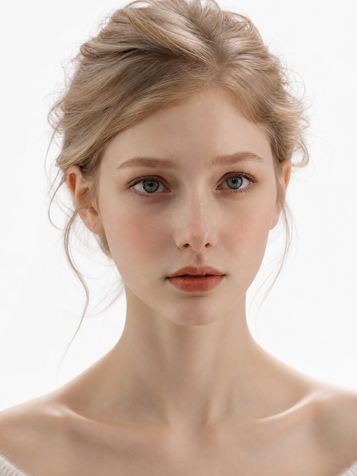 Woman with blonde hair in an updo and bare shoulders against a light background