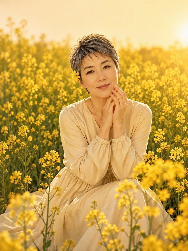 Woman with short hair in a field of yellow flowers at golden hour