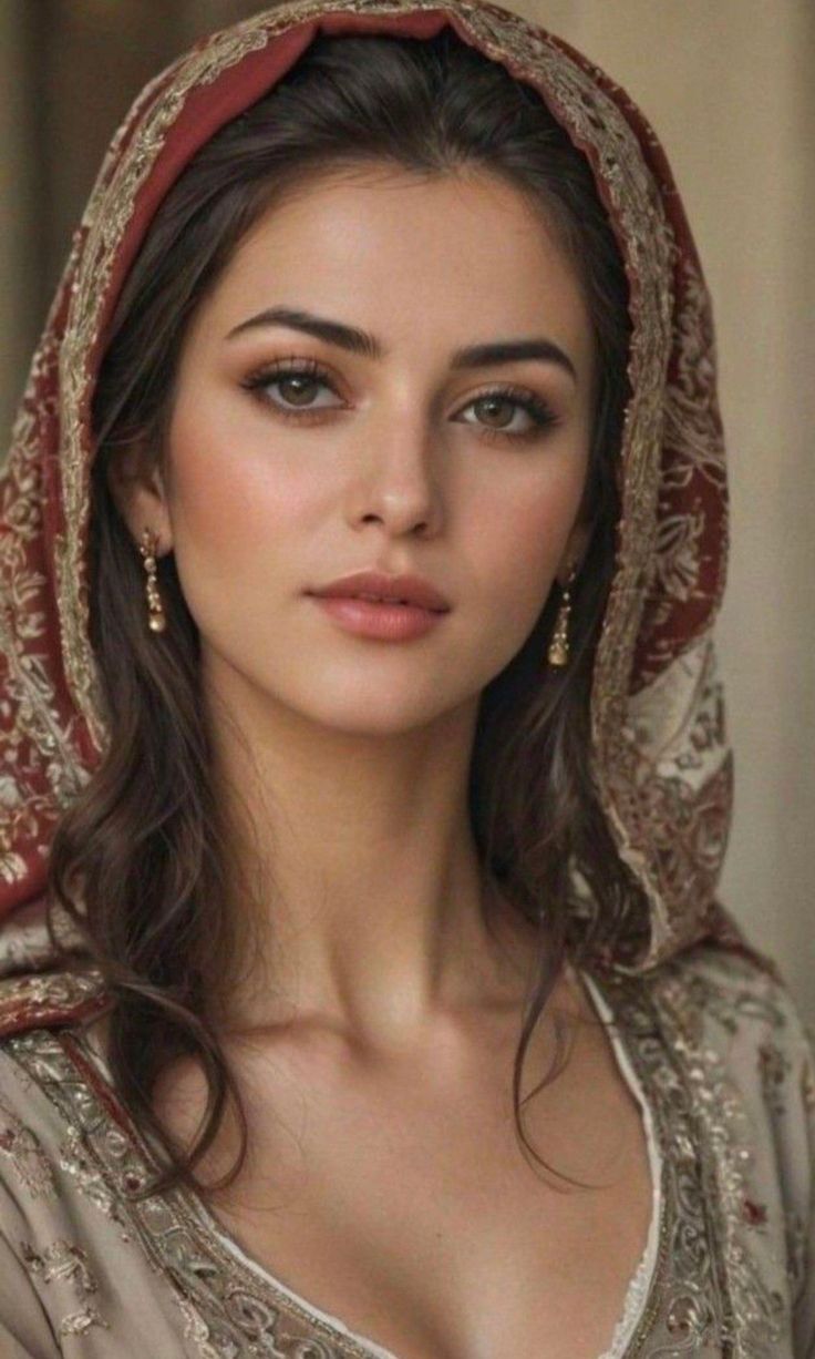 Woman in traditional attire with a patterned head covering and gold earrings