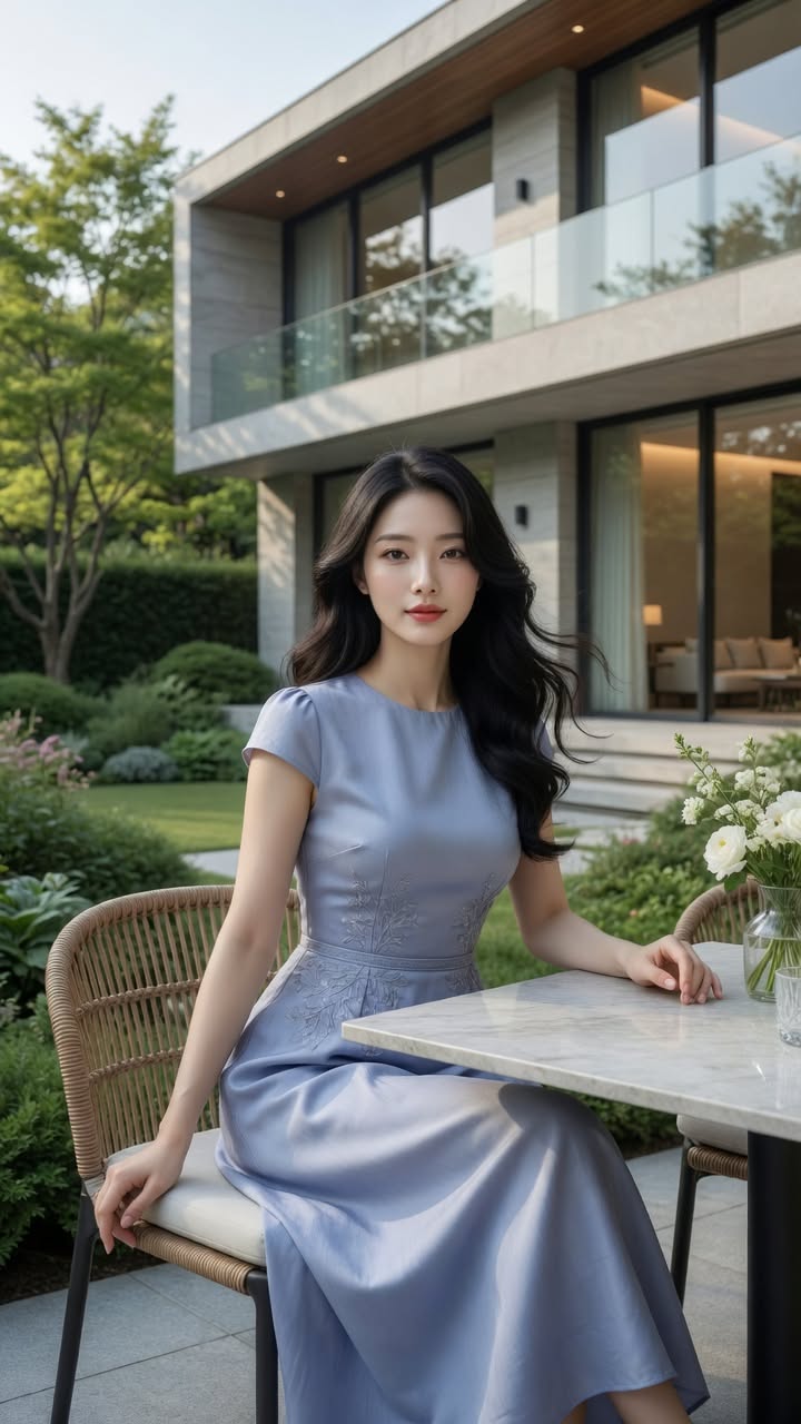 Woman with long black hair in a light blue dress sitting at a table outdoors