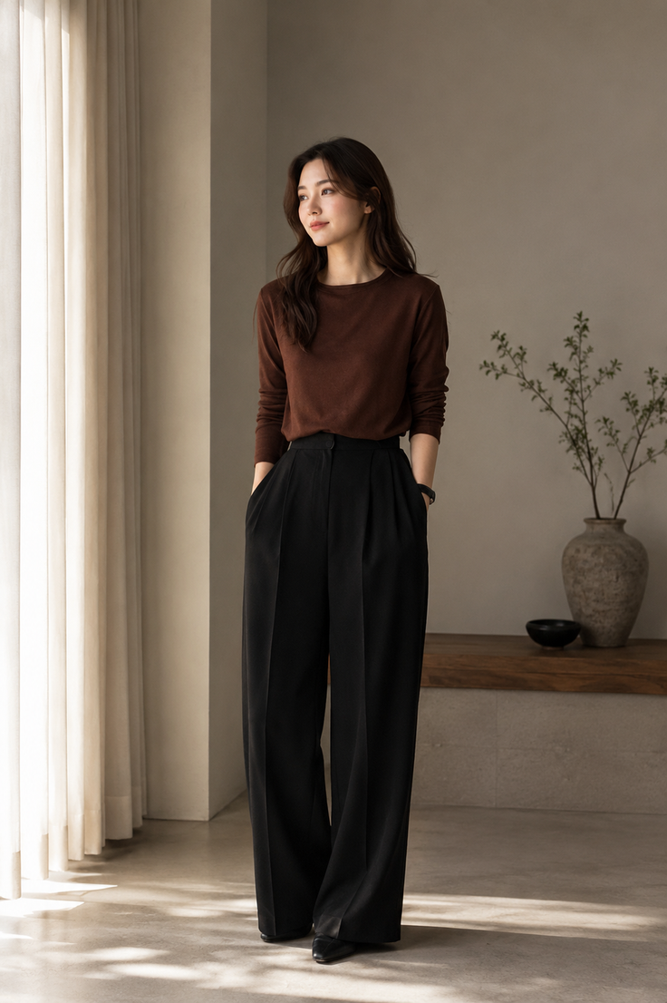 Woman in a brown top and black wide-leg pants standing indoors by a window