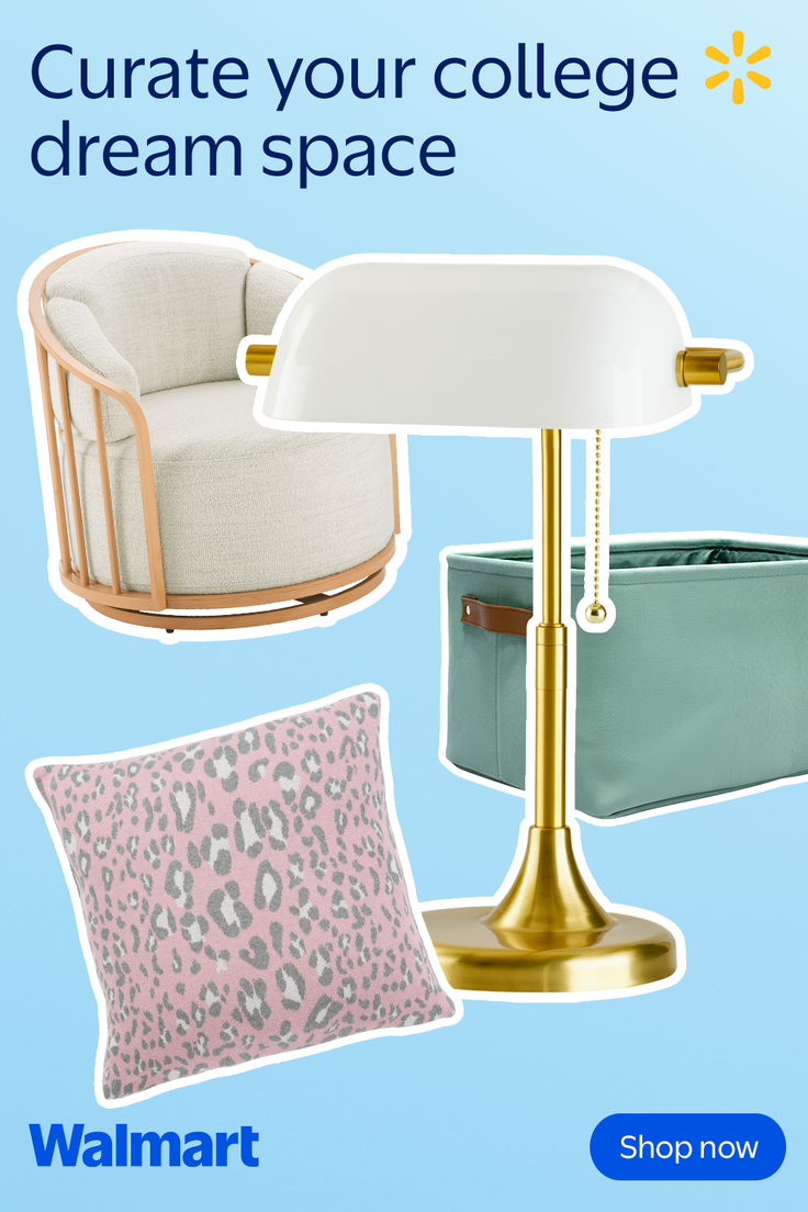 Assortment of home decor items including an armchair, lamp, storage bin, and pillow