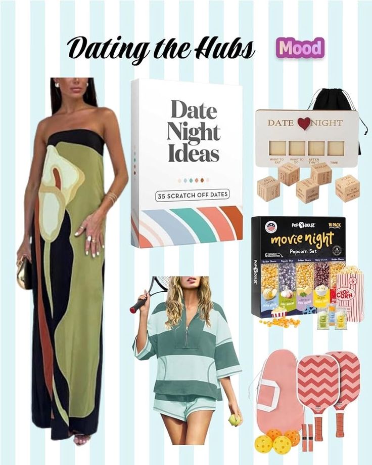 Collage of date night ideas and activities with clothing items