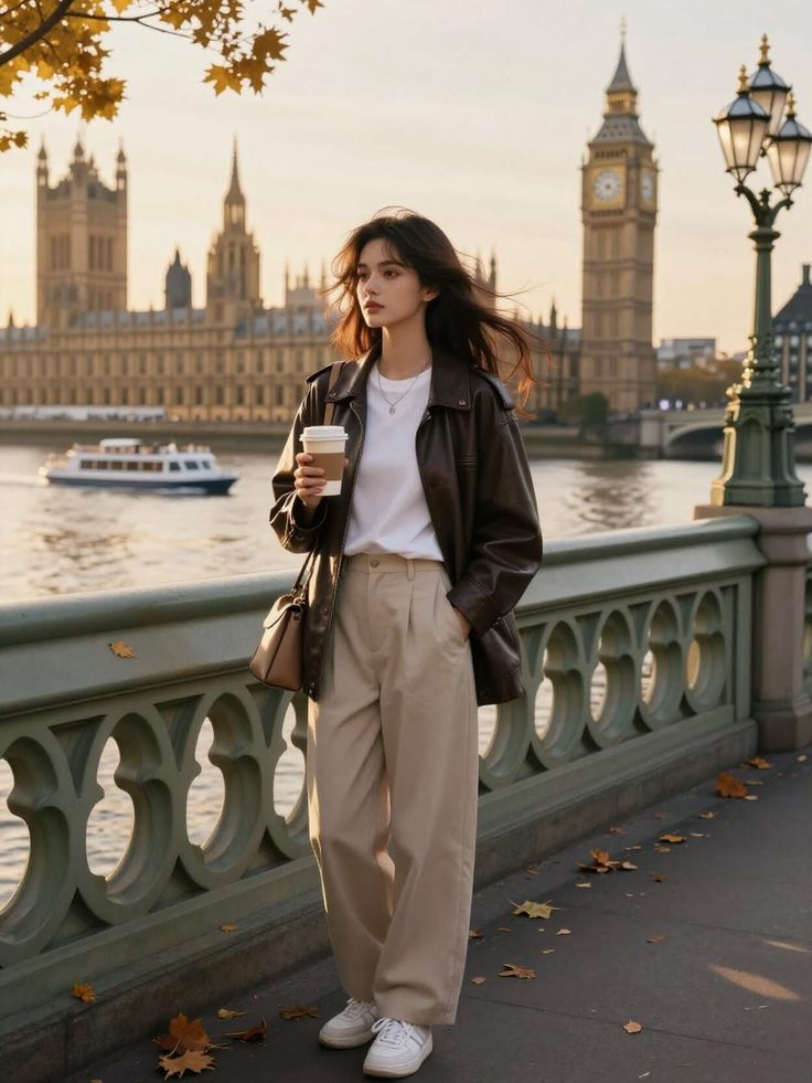 Woman in a brown leather jacket and wide leg pants by a river at golden hour