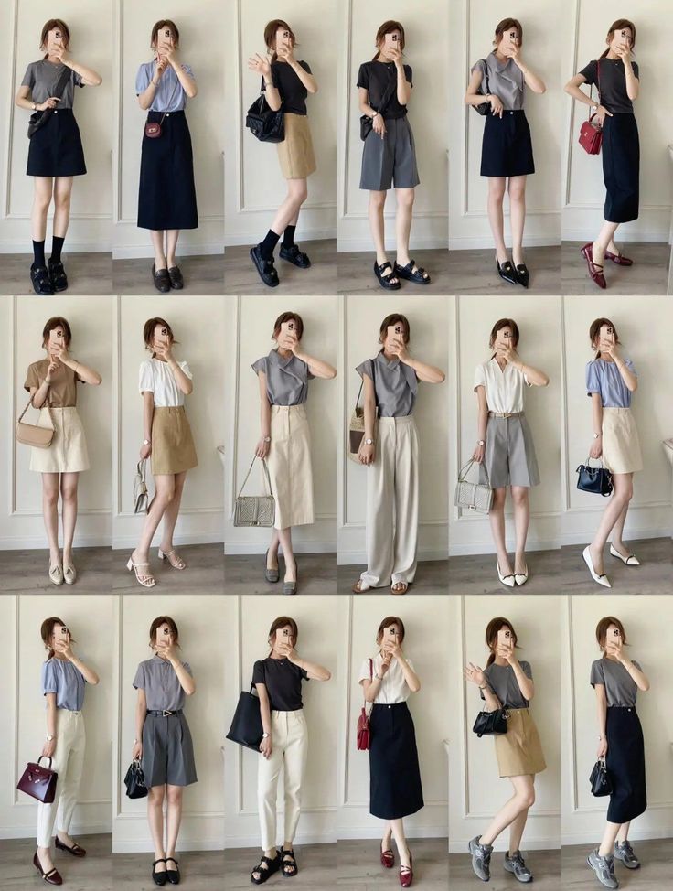 Multiple women posing in various casual outfits against a white wall