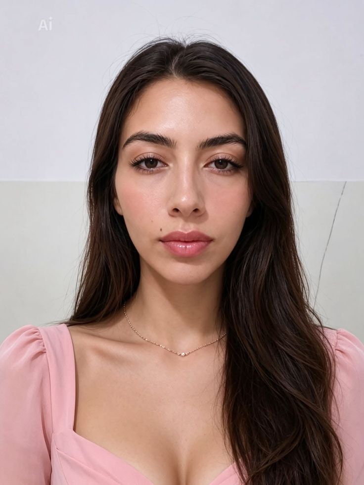 Woman with long dark hair wearing a pink top and a delicate necklace