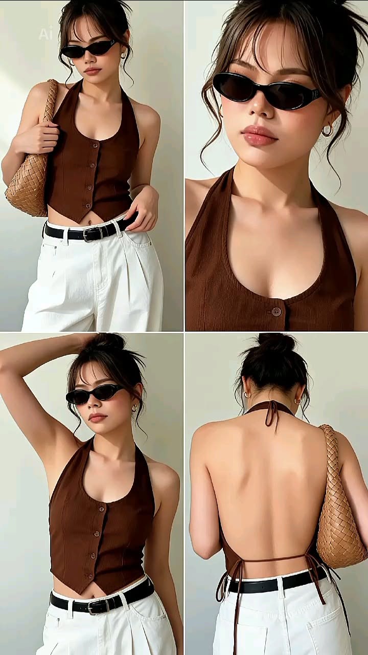 Woman in a brown halter top and white pants with a braided bag