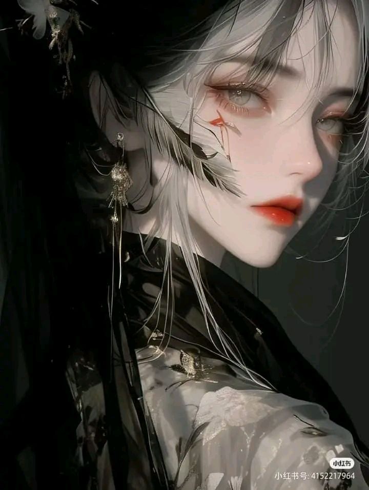 Anime style portrait of a woman with white and black hair and feathers