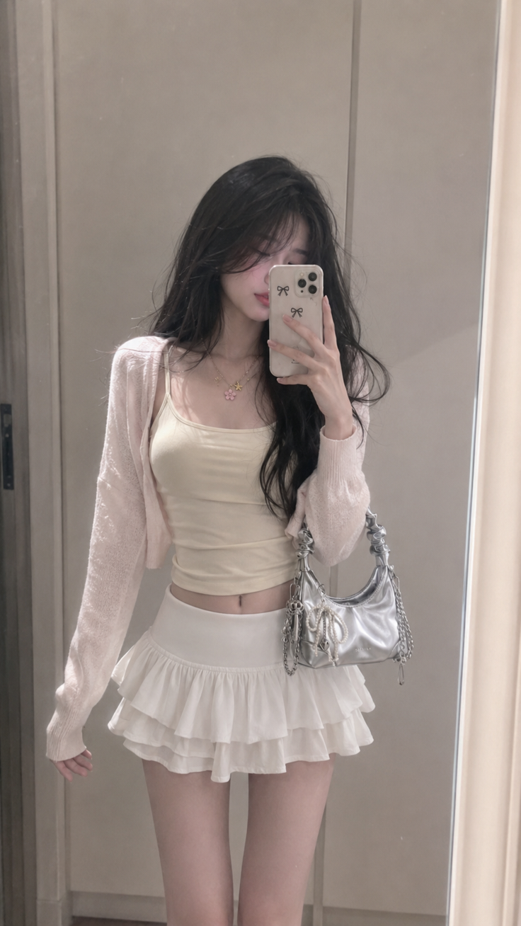 Woman in a crop top and ruffle skirt taking a mirror selfie