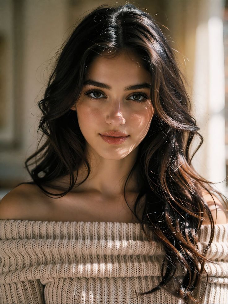 Woman with long dark hair wearing an off-shoulder sweater with soft lighting