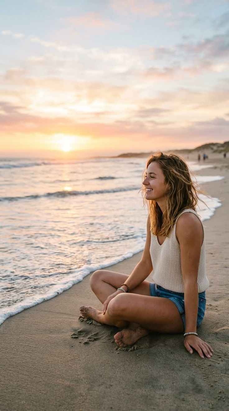 Woman with long hair sitting on a beach at sunset, looking towards the ocean