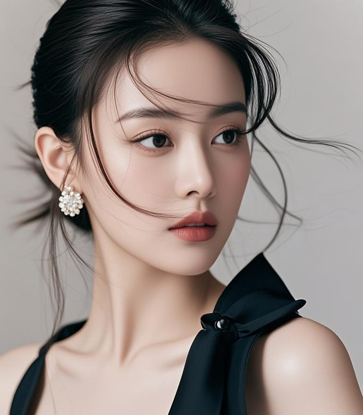 Woman with black hair in an updo wearing a black dress and pearl earrings