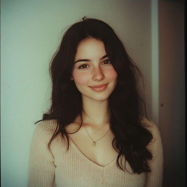 Young woman with long dark hair and freckles wearing a light sweater