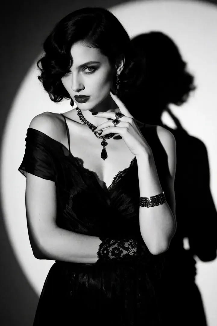 Woman in a black dress and jewelry with dramatic lighting and shadow