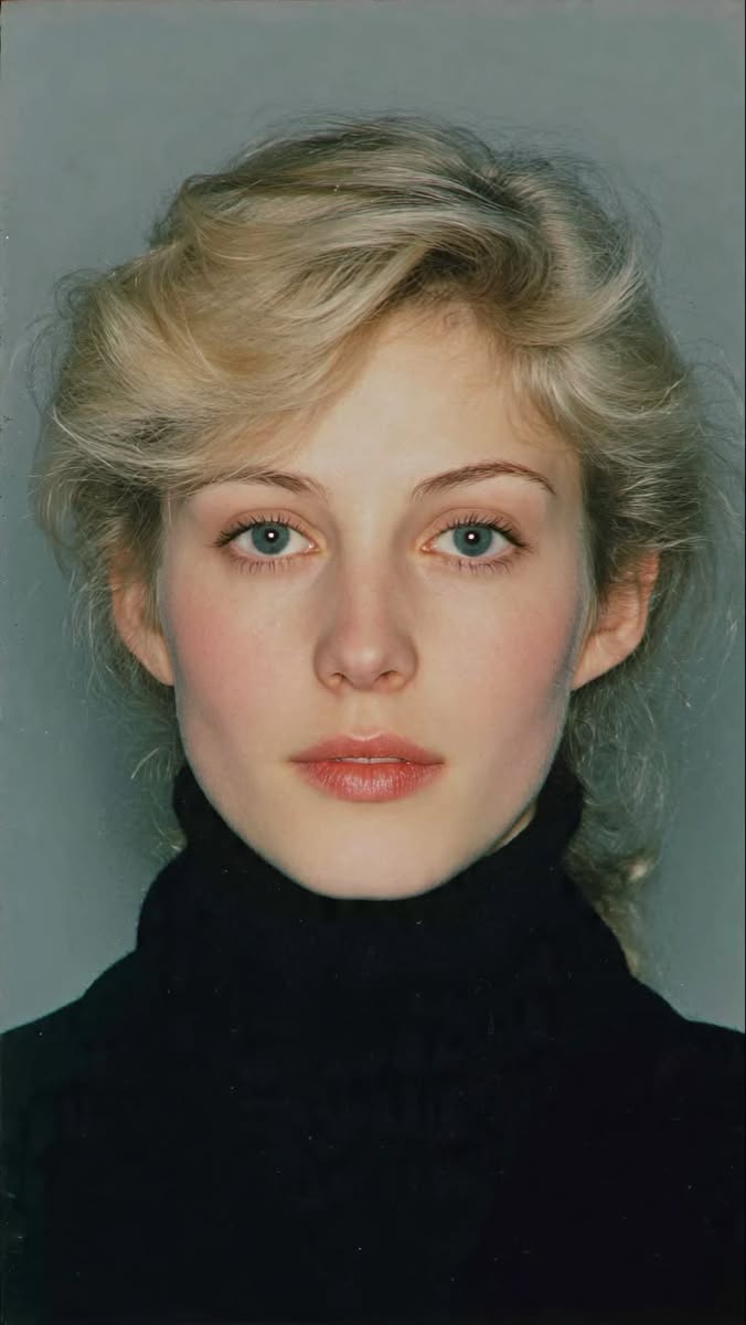 Woman with blonde hair and blue eyes wearing a black turtleneck