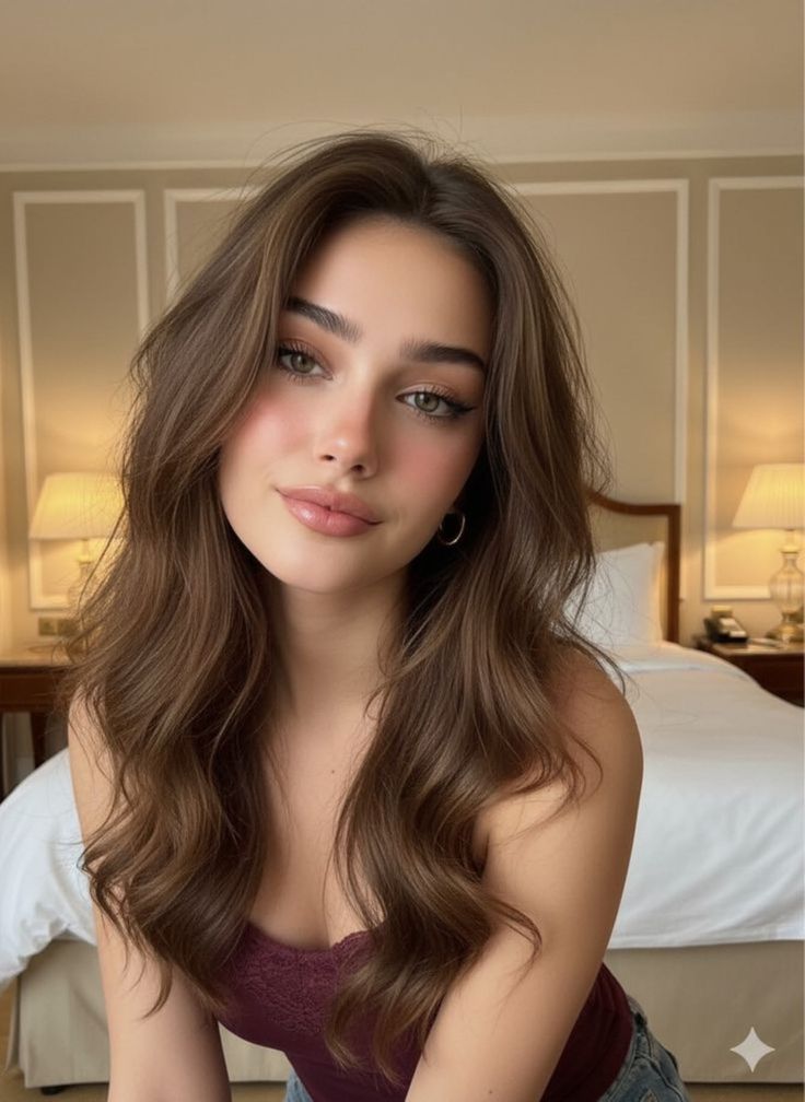 Woman with long brown hair and green eyes in a bedroom setting