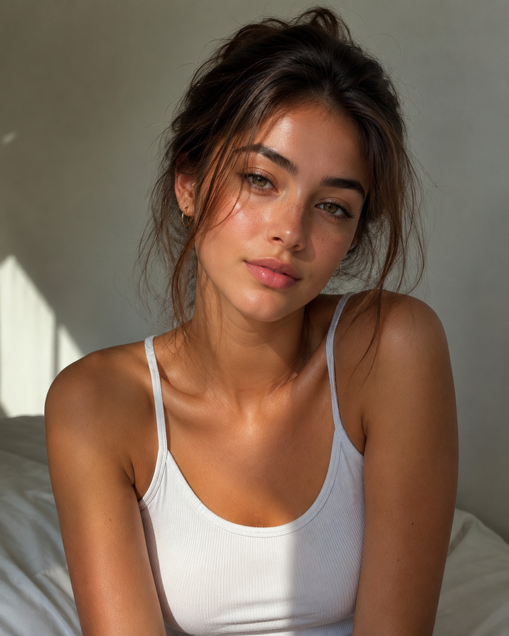 Woman with a messy bun and freckles wearing a white tank top in soft indoor lighting
