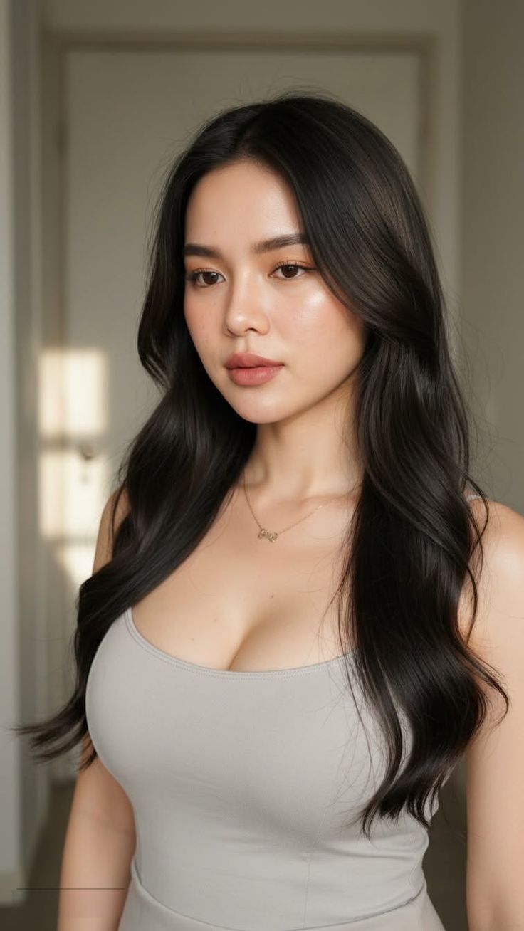 Woman with long black hair wearing a tank top and necklace indoors
