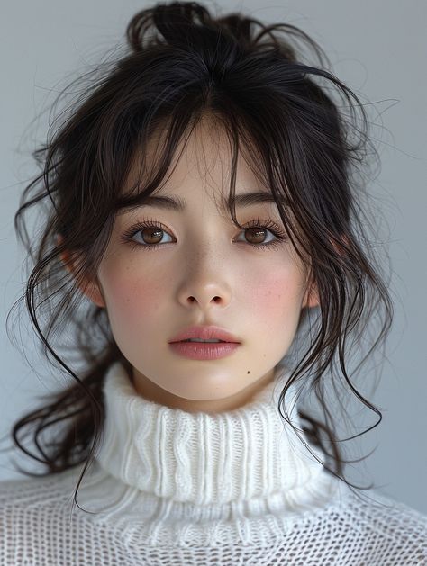 Woman with dark hair in a messy bun wearing a white turtleneck