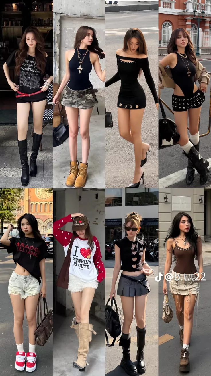 Multiple women posing in various street style outfits with exposed skin