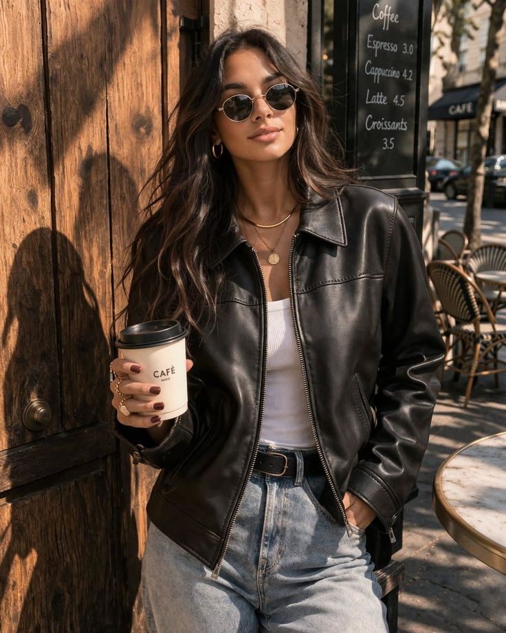 Woman in a leather jacket and jeans holding a coffee cup outside a cafe