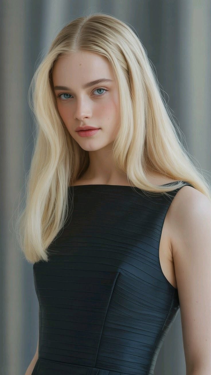 Woman with long blonde hair and blue eyes wearing a black dress