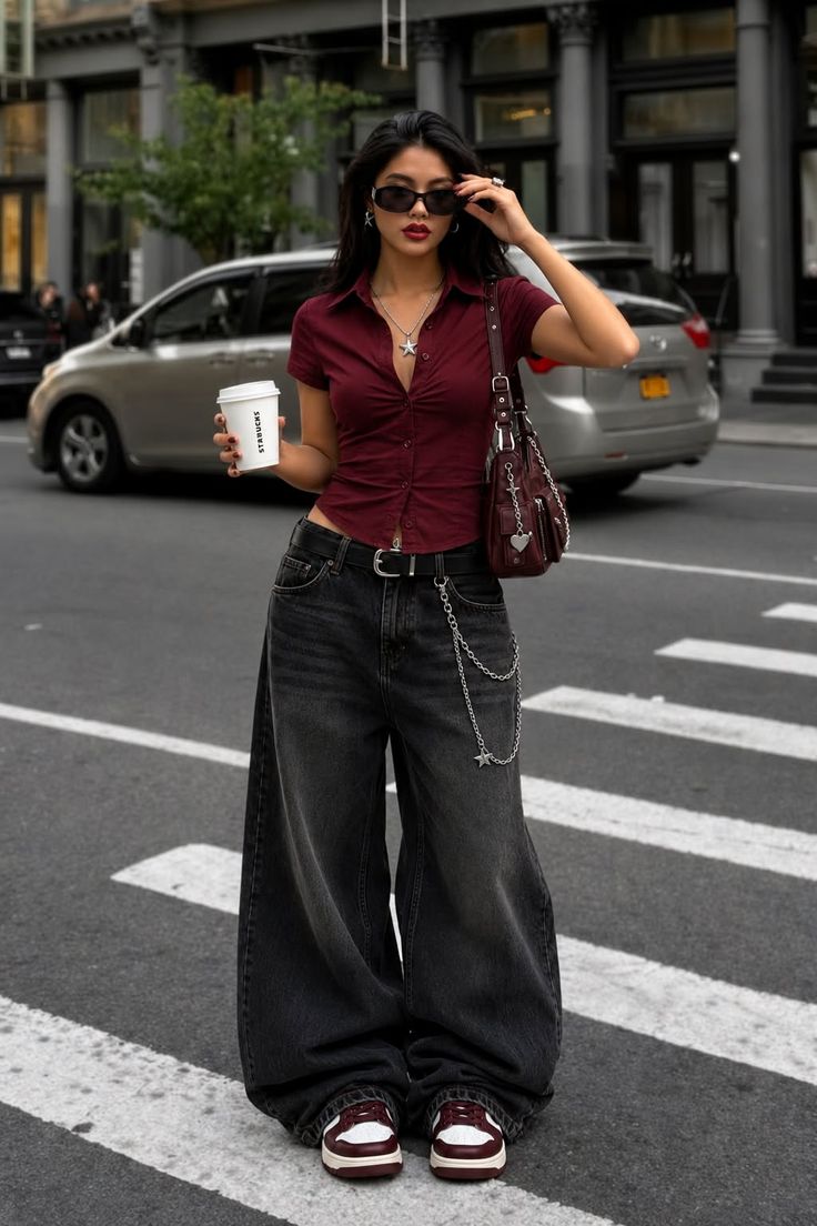 Woman in a maroon crop top and baggy jeans holding a Starbucks cup on a street