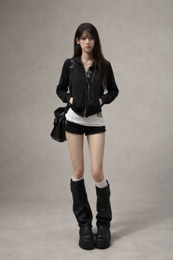 Woman in a black hoodie, short shorts, and platform boots posing in a studio
