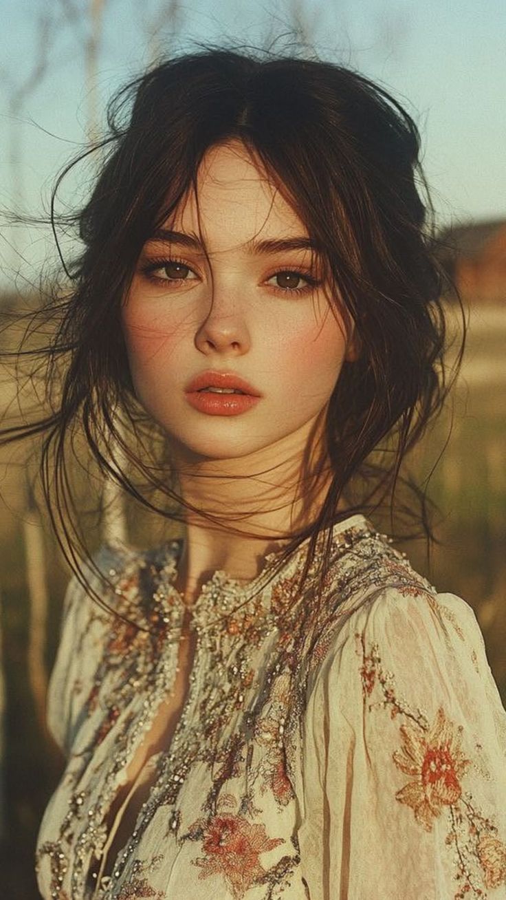 Woman with long hair wearing an embroidered dress outdoors with soft lighting