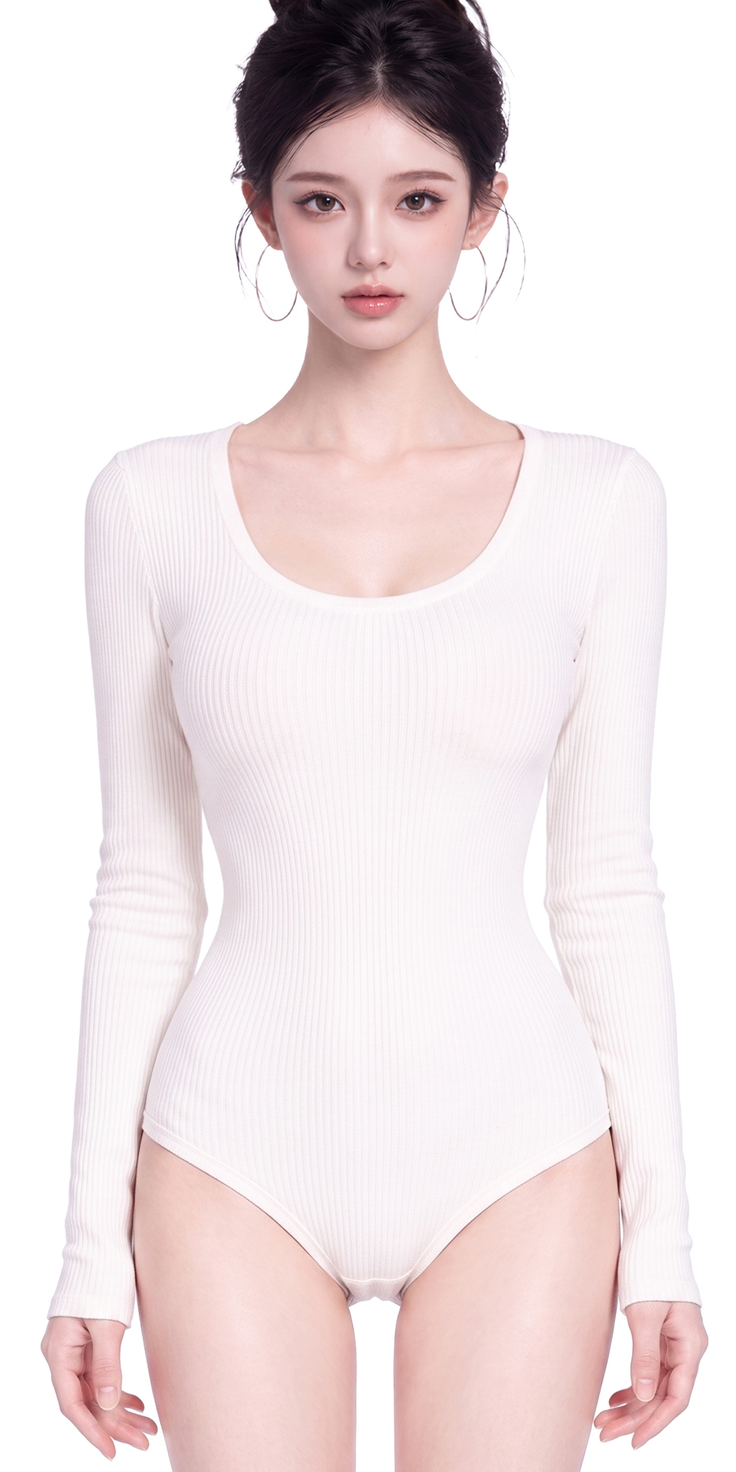 Woman in a white long sleeve bodysuit with dark hair and hoop earrings