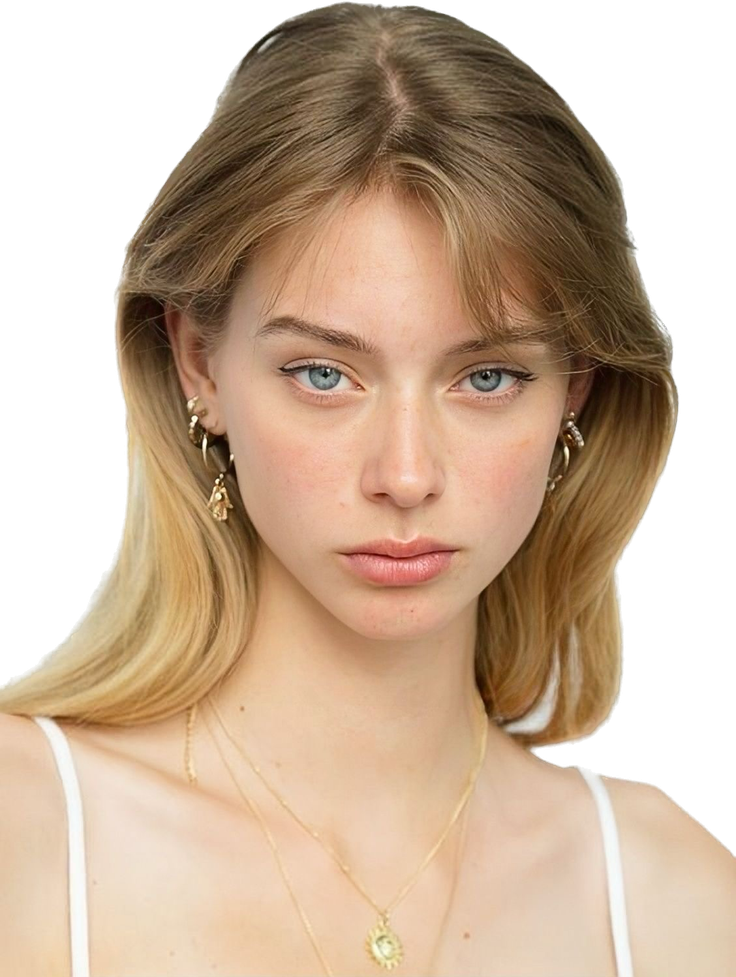 Young woman with blonde hair and blue eyes wearing jewelry