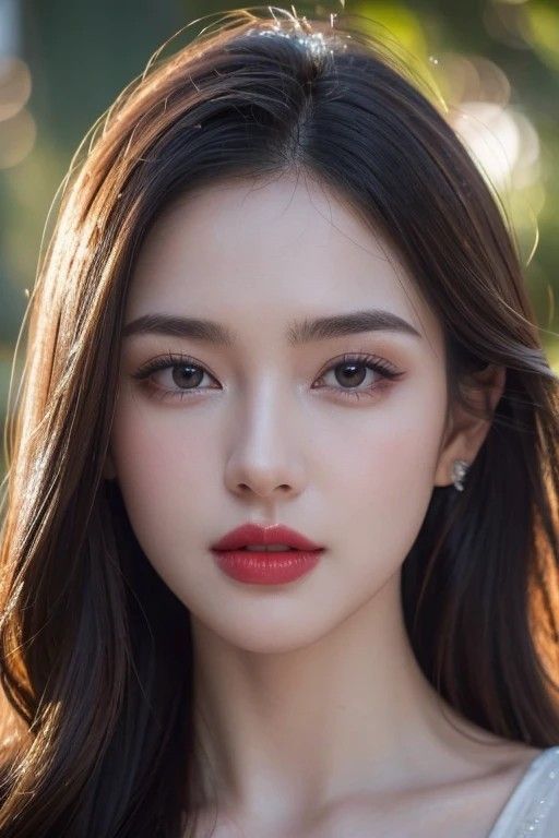 Woman with long dark hair and red lipstick in a soft-lit portrait