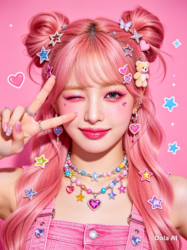 Woman with pink hair and space buns winking, adorned with colorful jewelry