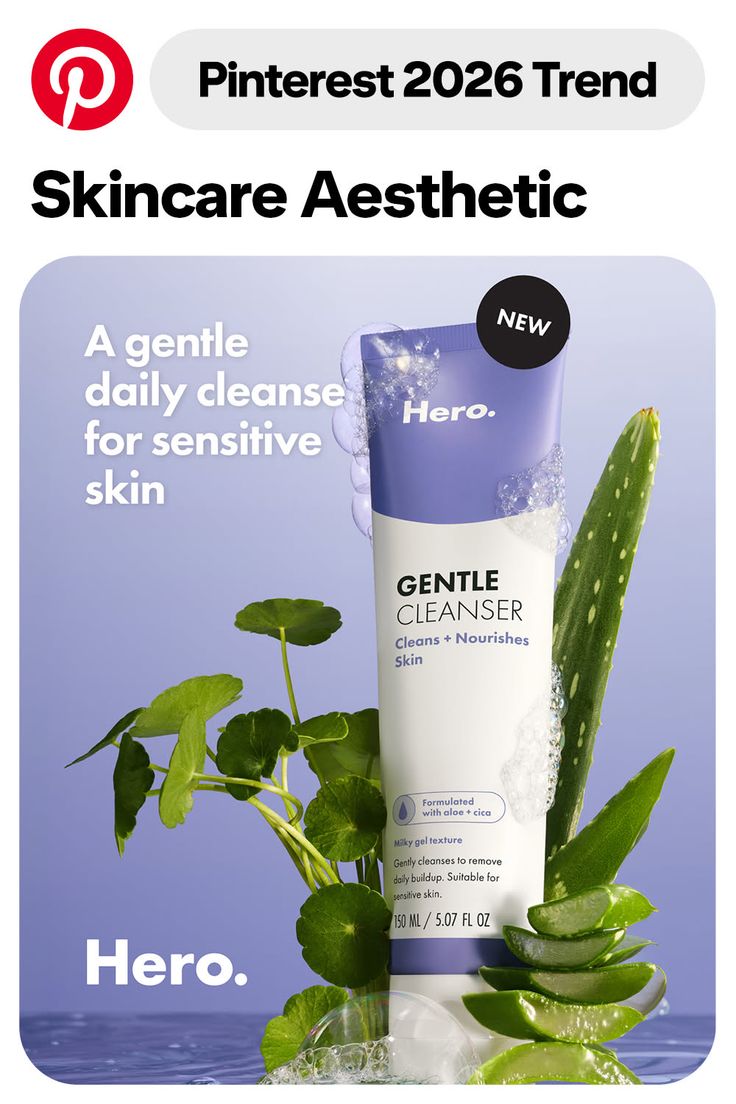 Skincare cleanser bottle with aloe vera and centella asiatica on a purple background