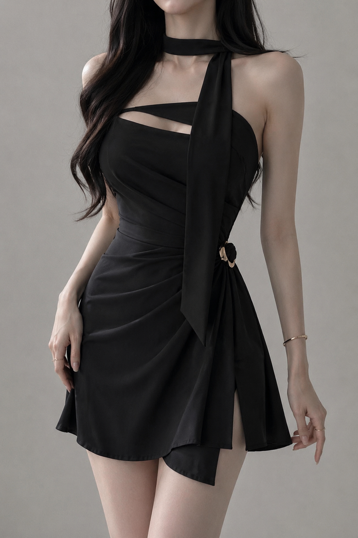 Woman in a black cutout mini dress with long dark hair