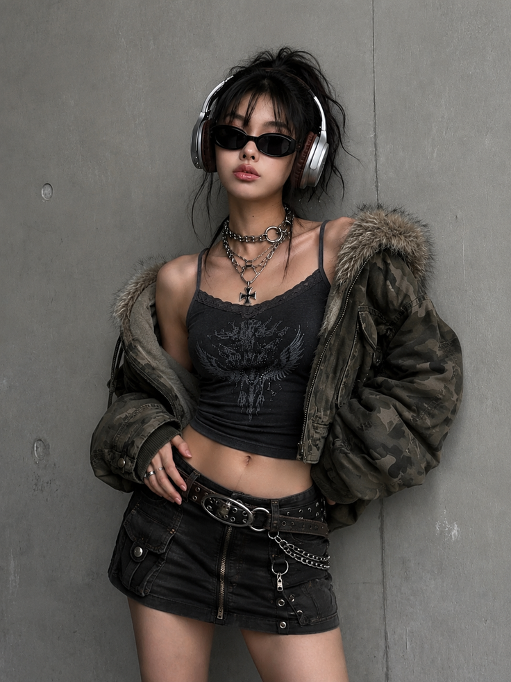 Woman in a crop top and mini skirt with headphones and sunglasses