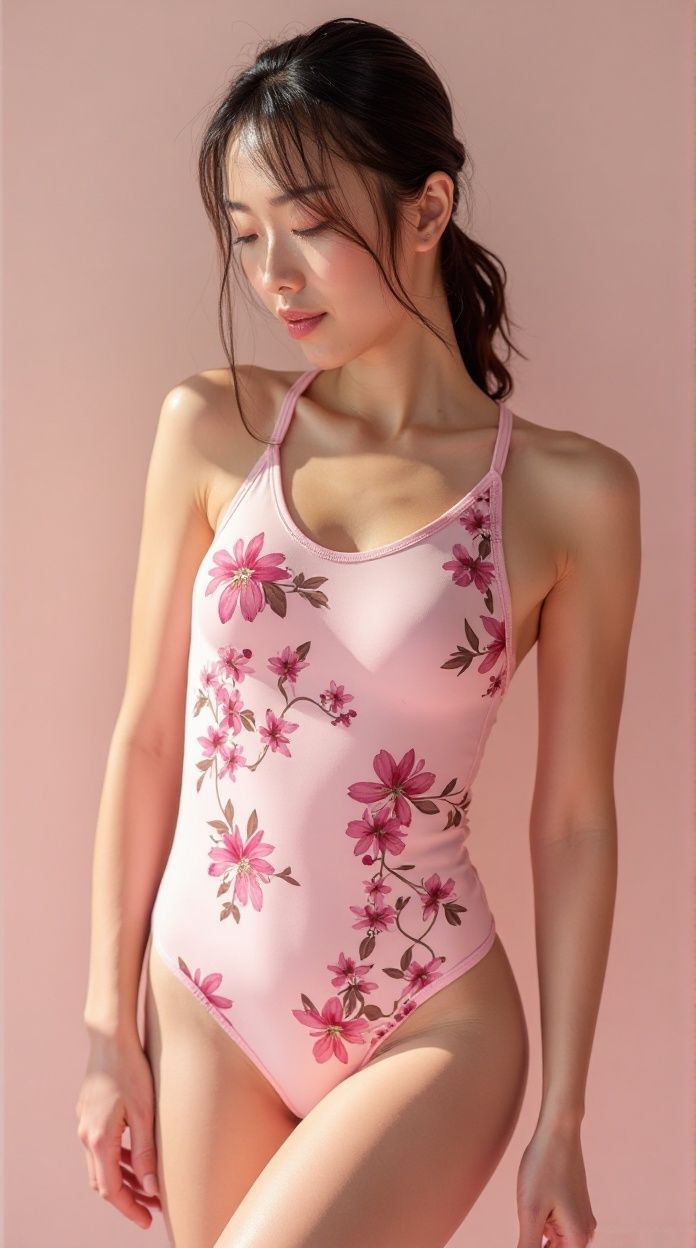 Woman in a pink floral swimsuit against a pink background with soft lighting