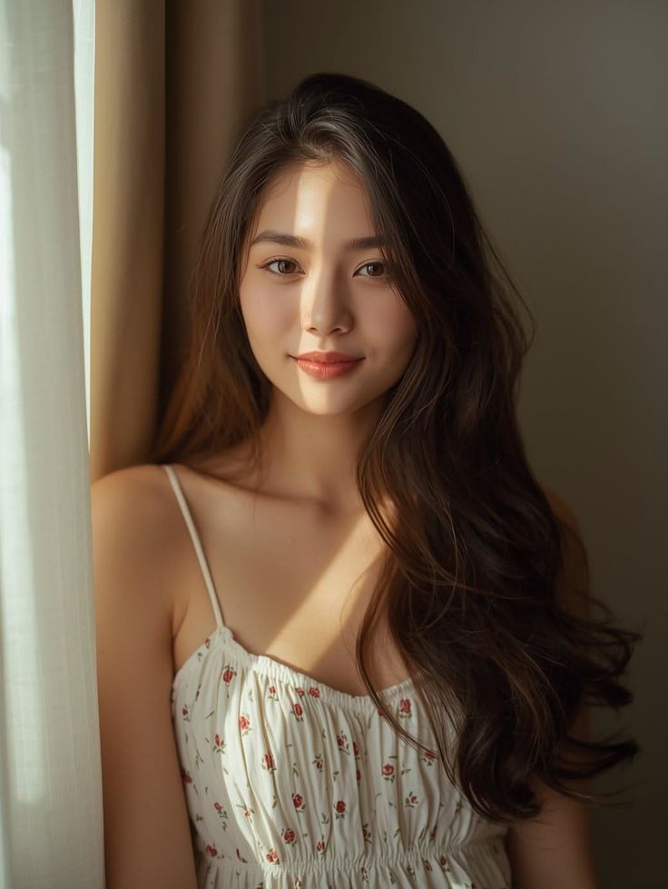 Woman with long hair in a floral dress, illuminated by natural light indoors