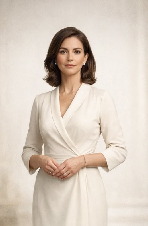 Woman with short brown hair wearing a white dress and pearl earrings