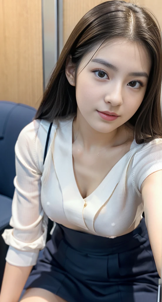 Woman with long hair wearing a white shirt and dark skirt indoors