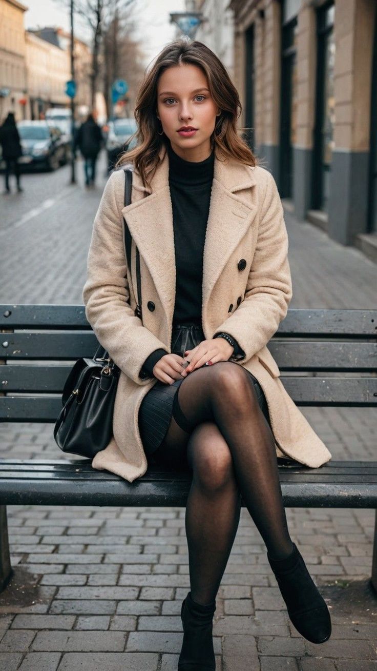 Woman in a beige coat and black tights sitting on a bench on a city street