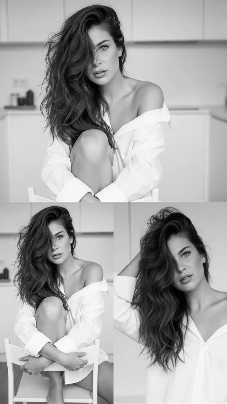 Woman with long hair wearing an off-shoulder white shirt in a monochrome indoor shot