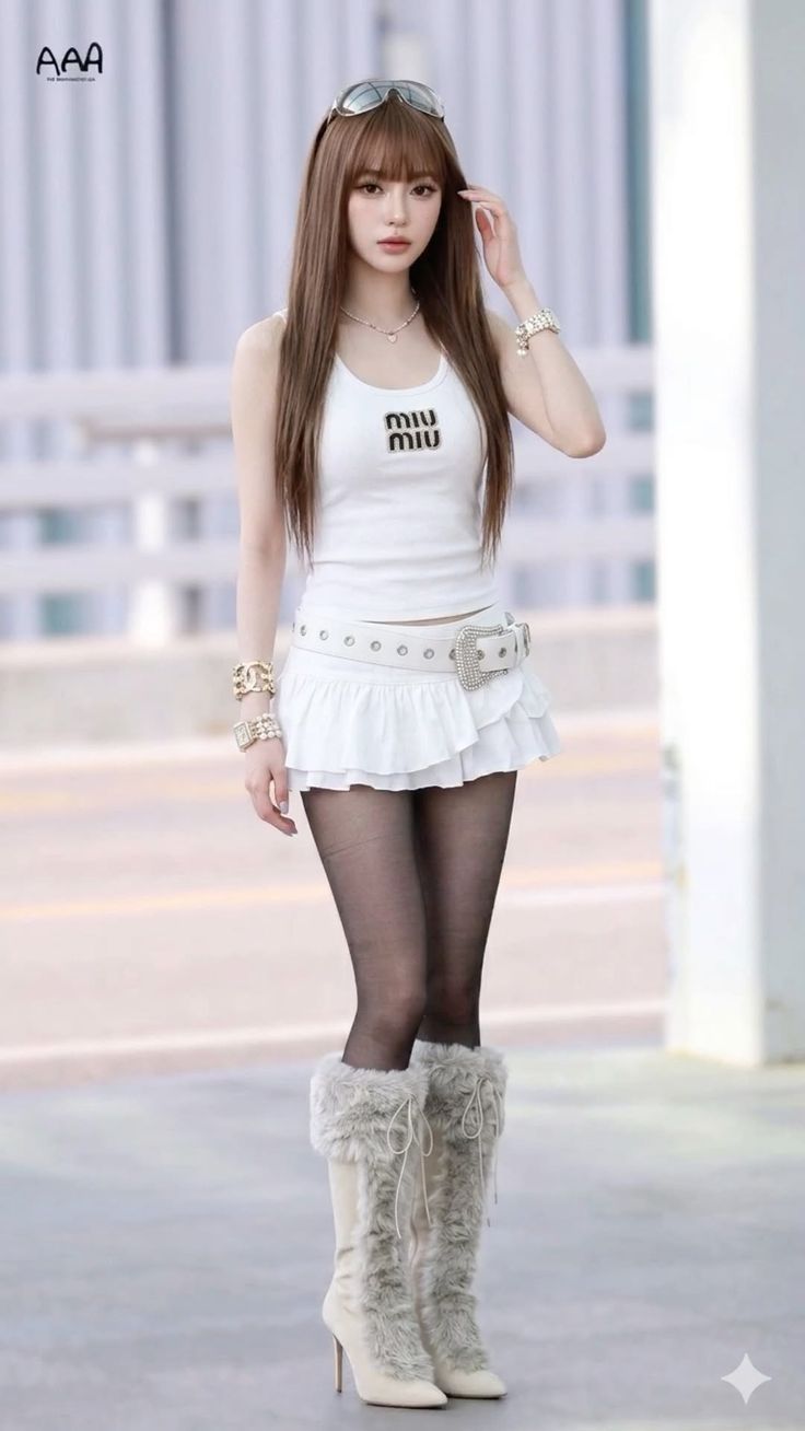 Woman in a white tank top, mini skirt, black tights, and fur boots outdoors
