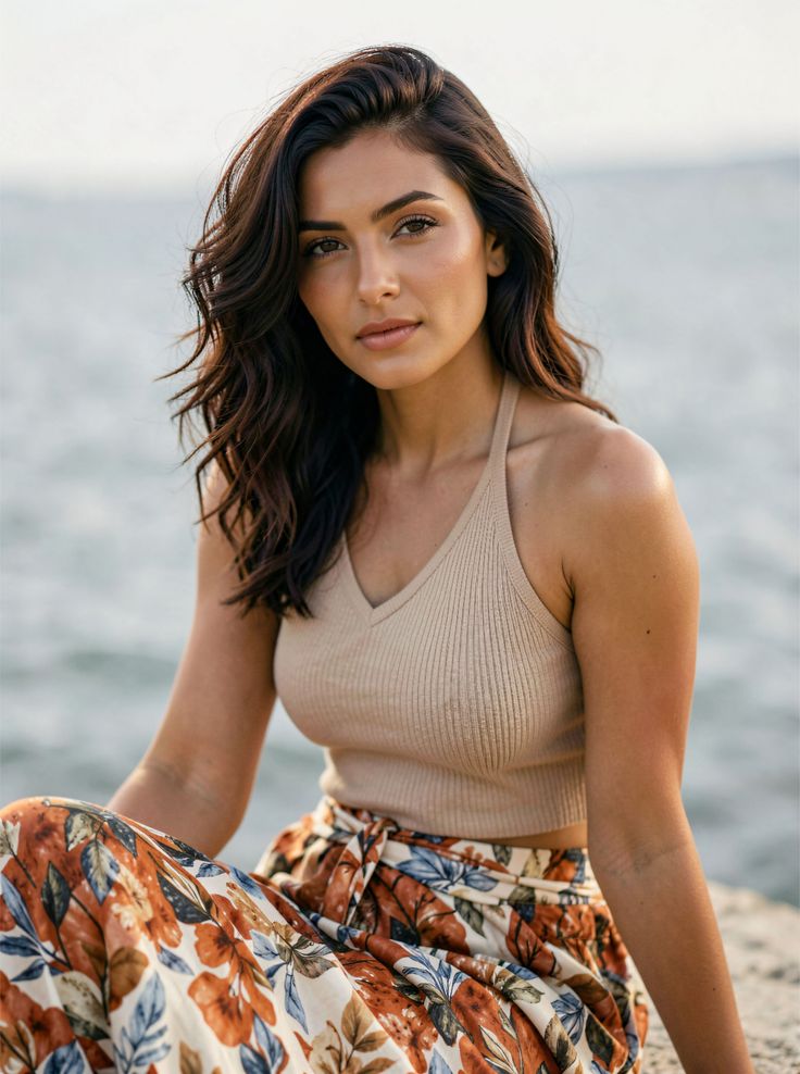Woman with long wavy hair wearing a halter top and floral pants outdoors