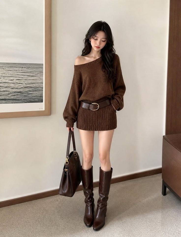 Woman in a brown sweater and mini skirt with long boots and a shoulder bag
